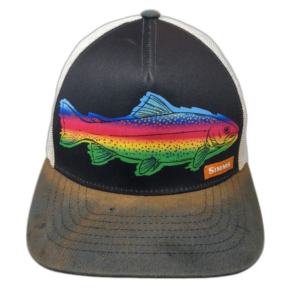 Simms Trucker Hat Black One Size Rainbow Trout Graphic Mesh Back Snapback Fish